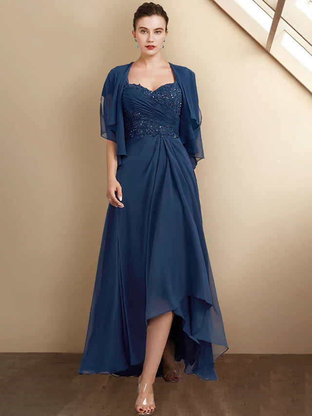 Wholesale A-Line Mother of the Bride Dress Elegant High Low Square Neck Asymmetrical Tea Length Chiffon Lace Cap Sleeve Wrap Included with Sequin Appliques Side-Draped